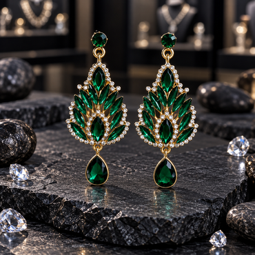Pair of gold-tone chandelier earrings with green round tops, marquise leaf-shaped accents, clear round borders and hanging green teardrops, displayed on dark slate.