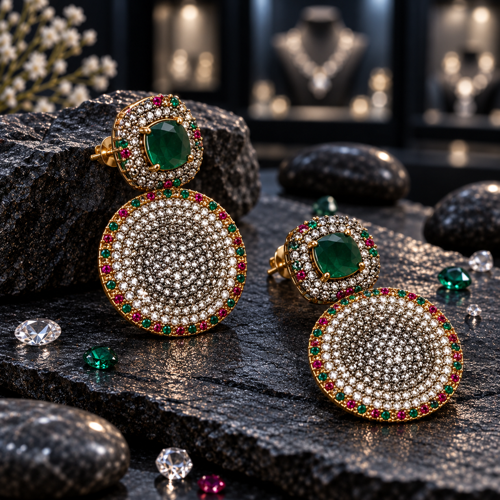 Gold-tone earrings with green cushion-shaped centres, clear-accent round disc drops and pink-and-green border accents.