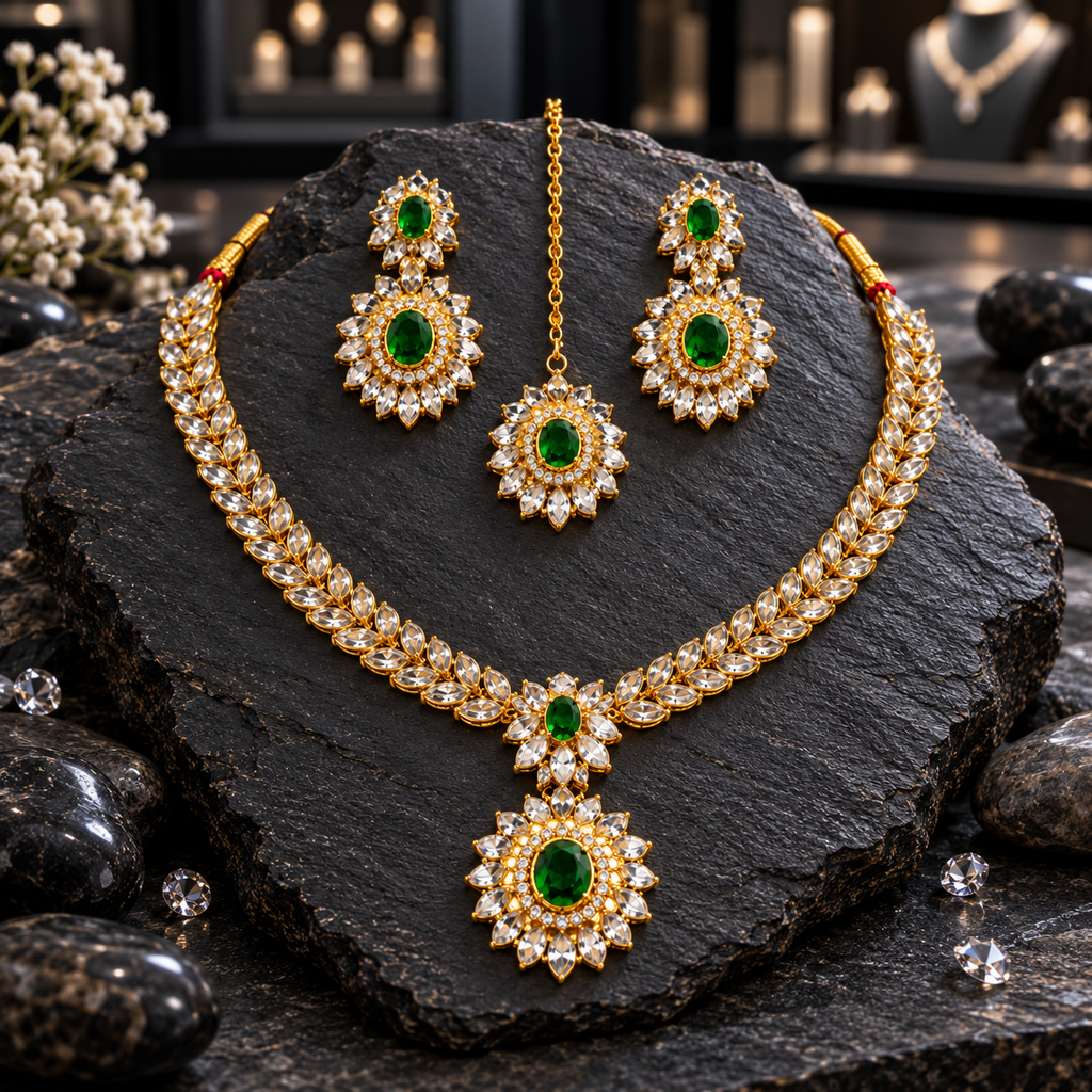 Gold-tone necklace with clear-looking leaf accents and green oval floral drops, matching two-tier earrings and a green floral chain bindia.