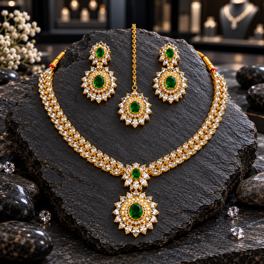 Gold-tone necklace with clear-looking leaf accents and green oval floral drops, matching two-tier earrings and a green floral chain bindia.