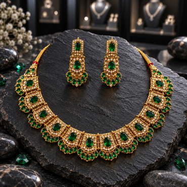 Gold-tone necklace with green oval-centred panels, clear-looking borders and pointed oval green fringe, alongside matching rectangle-top earrings.