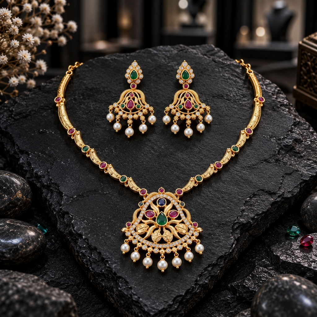 Gold-tone necklace with patterned curved links, pink-green accents and an openwork leaf pendant, beside coordinating teardrop-detail earrings with cream pearl-look hanging drops on dark slate.
