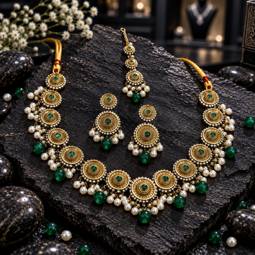 Gold-tone necklace, matching double-medallion earrings and three-medallion bindia with green centres, clear borders, white pearl-look beads and green drops.