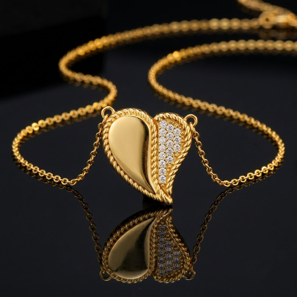 Gold-Tone Half CZ Pavé Rope Twist Heart Pendant Necklace close-up on dark reflective surface