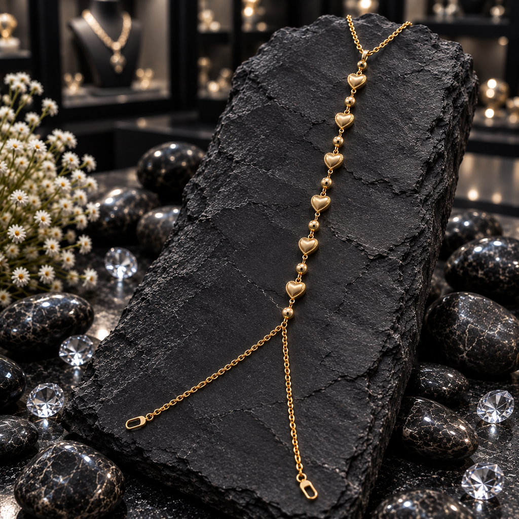 Gold-tone Hand Chain with six bordered heart motifs alternating with round beads, a chain loop at the top and two branching chains below.