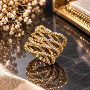 Gold-tone wide ring with overlapping clear-accent wave rows and open spaces forming an interwoven design.