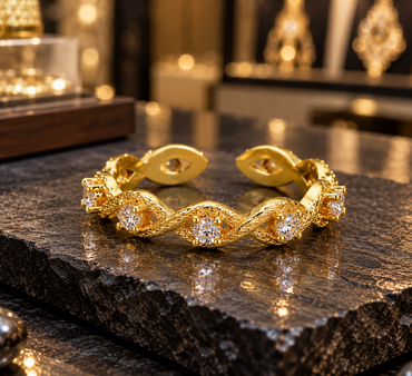 Gold-tone open cuff bracelet with textured interwoven leaf-like loops, round clear accents in prong-style settings and leaf-shaped ends.