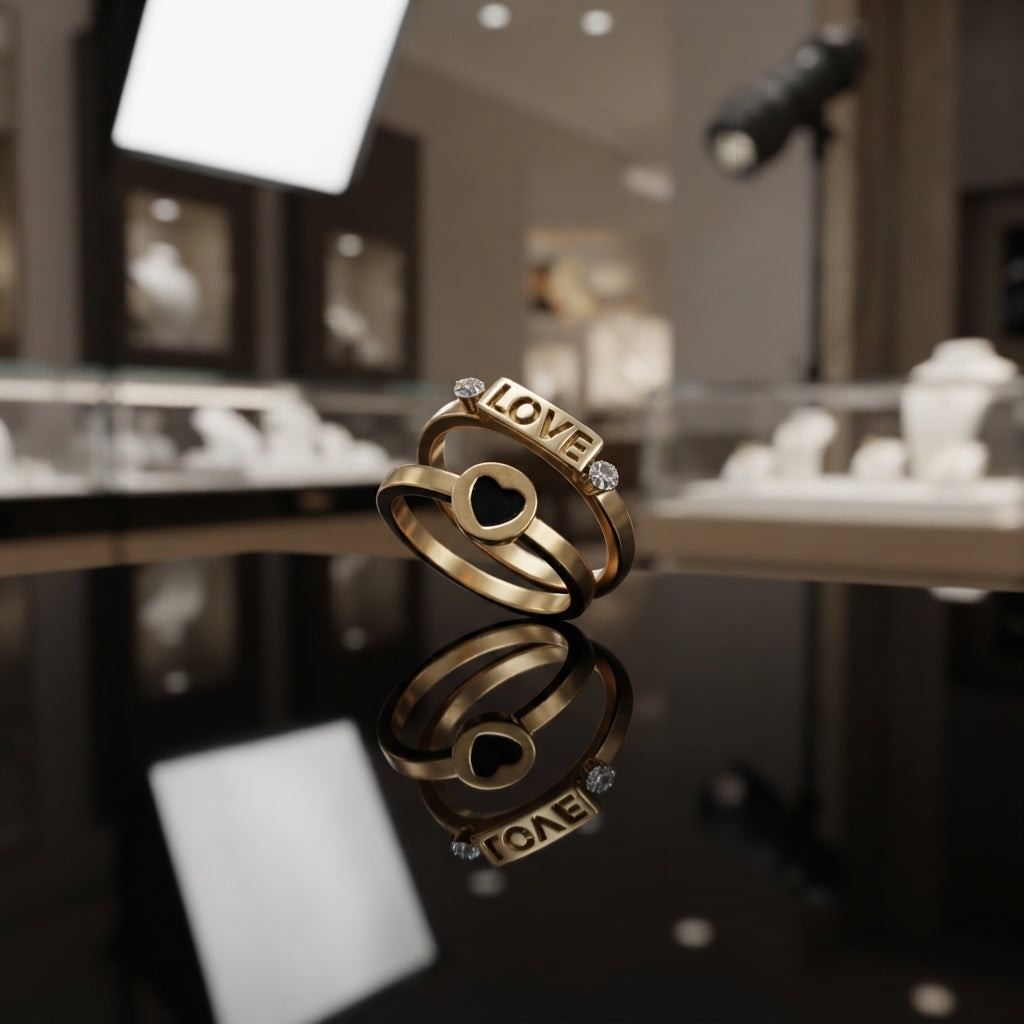 Gold-tone statement ring with a raised LOVE bar, dark heart accent, and clear-looking decorative accents.