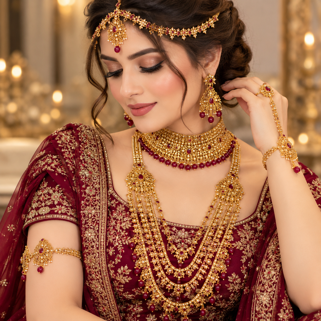 Model wearing a gold-tone maroon bridal set with choker, layered long necklace, earrings, forehead jewellery, ring-to-bracelet hand jewellery and armlet.