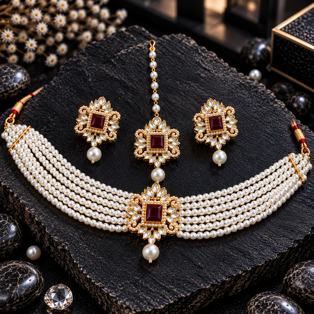 Gold-tone choker, earrings and beaded bindia with maroon rectangular centres, clear leaf-shaped accents, ornate scrollwork and white pearl-look strands and drops.