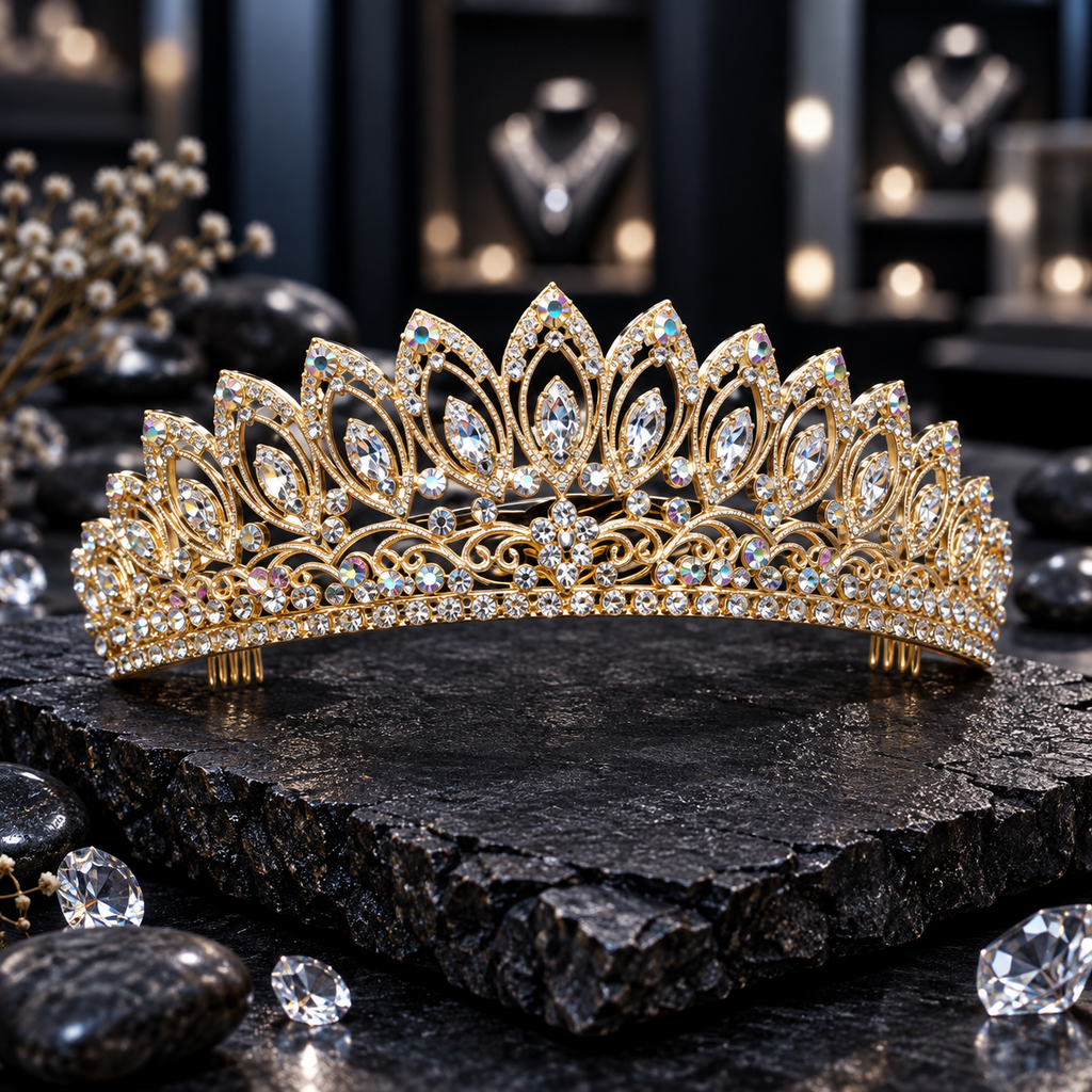 Gold-tone tiara with graduated pointed leaf frames, clear marquise-shaped accents, rainbow-reflective round details and an ornate scrollwork base.