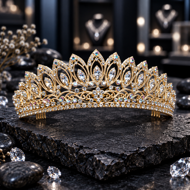 Gold-tone tiara with graduated pointed leaf frames, clear marquise-shaped accents, rainbow-reflective round details and an ornate scrollwork base.