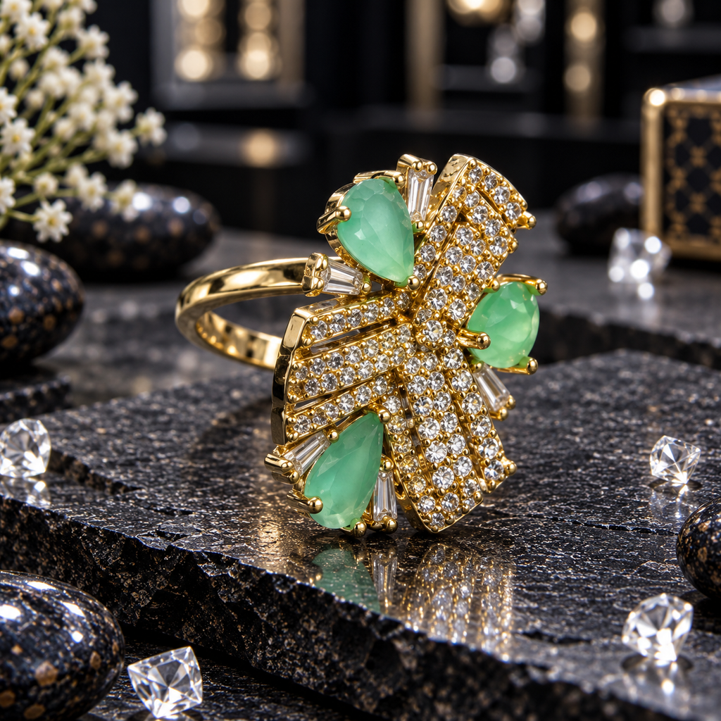 Gold-tone AD ring with three mint-green teardrop-shaped accents, overlapping clear-accent ribbon fan panels and tapered clear details.