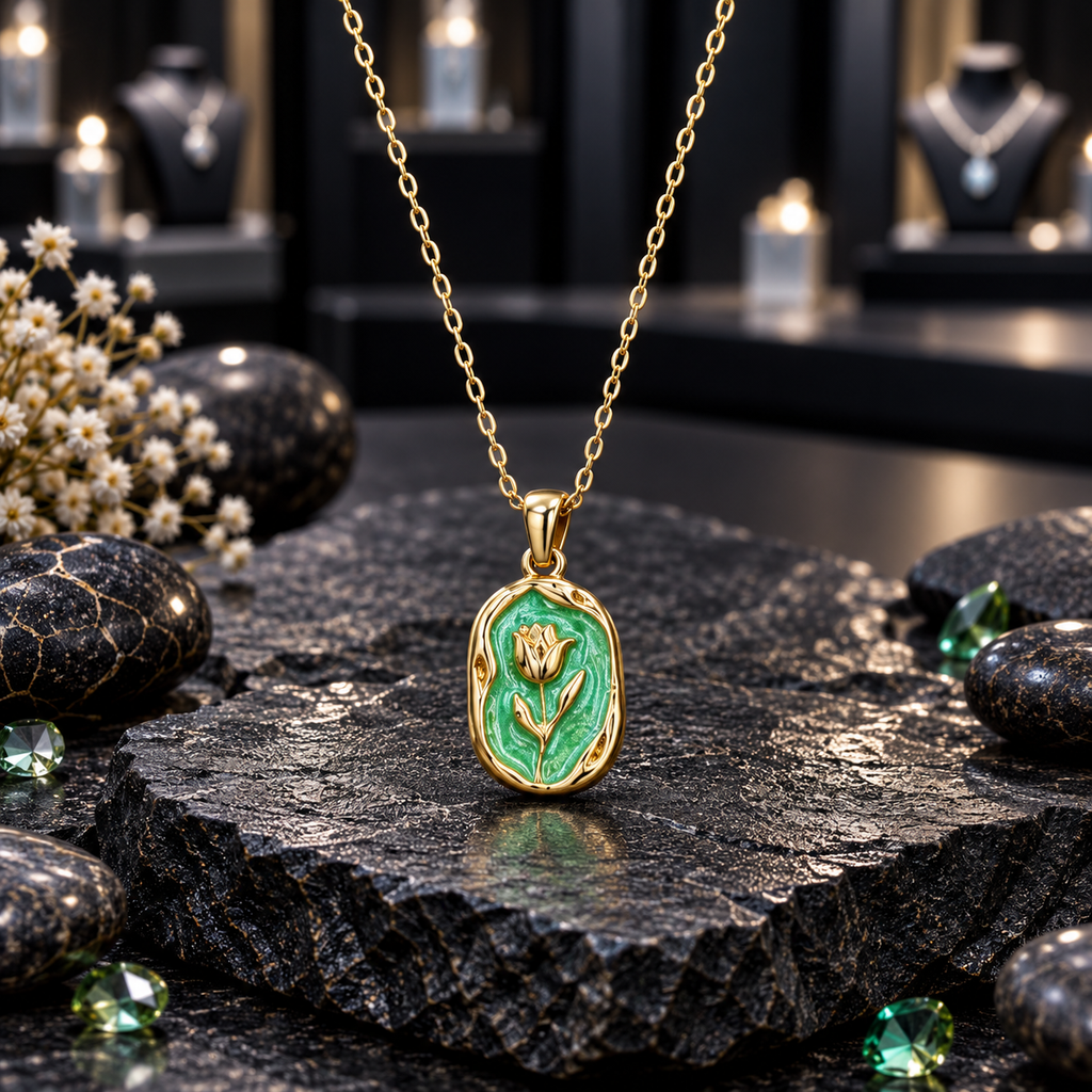 Gold-tone tulip pendant necklace with a textured green background, raised flower and leaf motif, and rounded rectangular border.