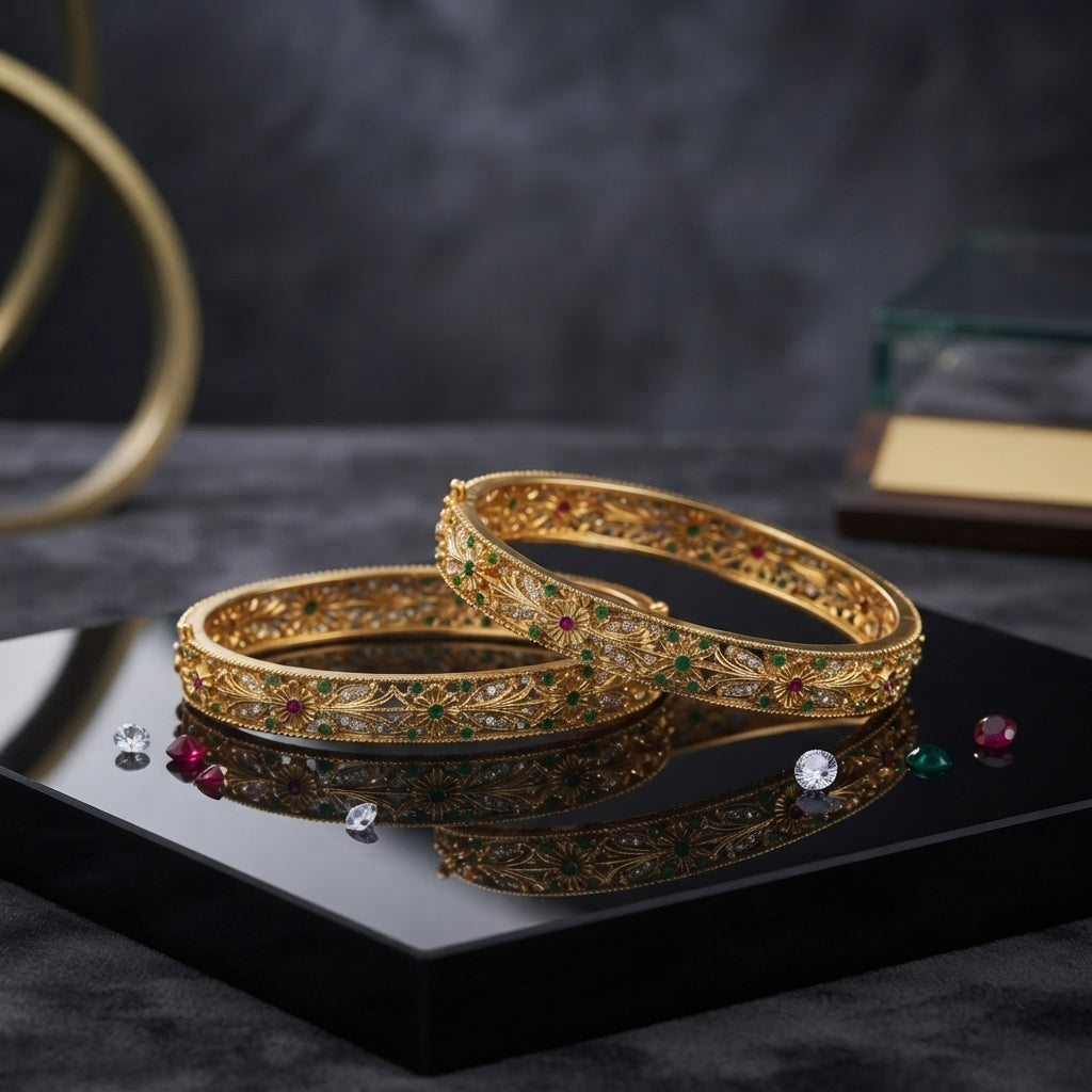 Gold-Tone Multi-Color CZ Daisy Floral Filigree Open-Work Wide Bangle Pair stacked on black mirror tray with dark marble backdrop and scattered ruby emerald and diamond CZ stones showing two matching wide gold bangles with dense floral filigree open-work gold lattice leaf and vine motifs and daisy flower accents with ruby-red and emerald-green CZ centers and white CZ petals with mirror reflection below