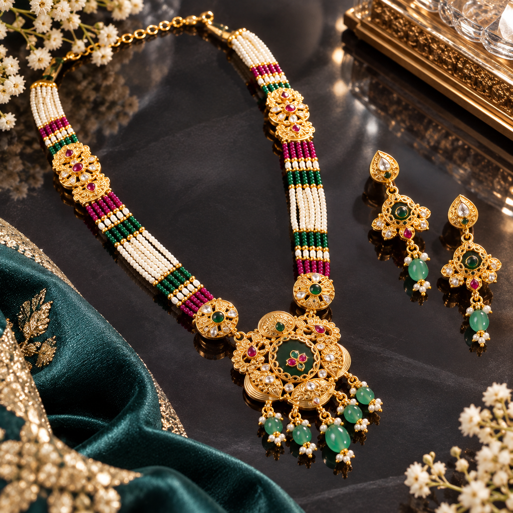 Gold-tone beaded necklace set with floral pendant and matching drop earrings, green and red accents, and ivory-colored strands.