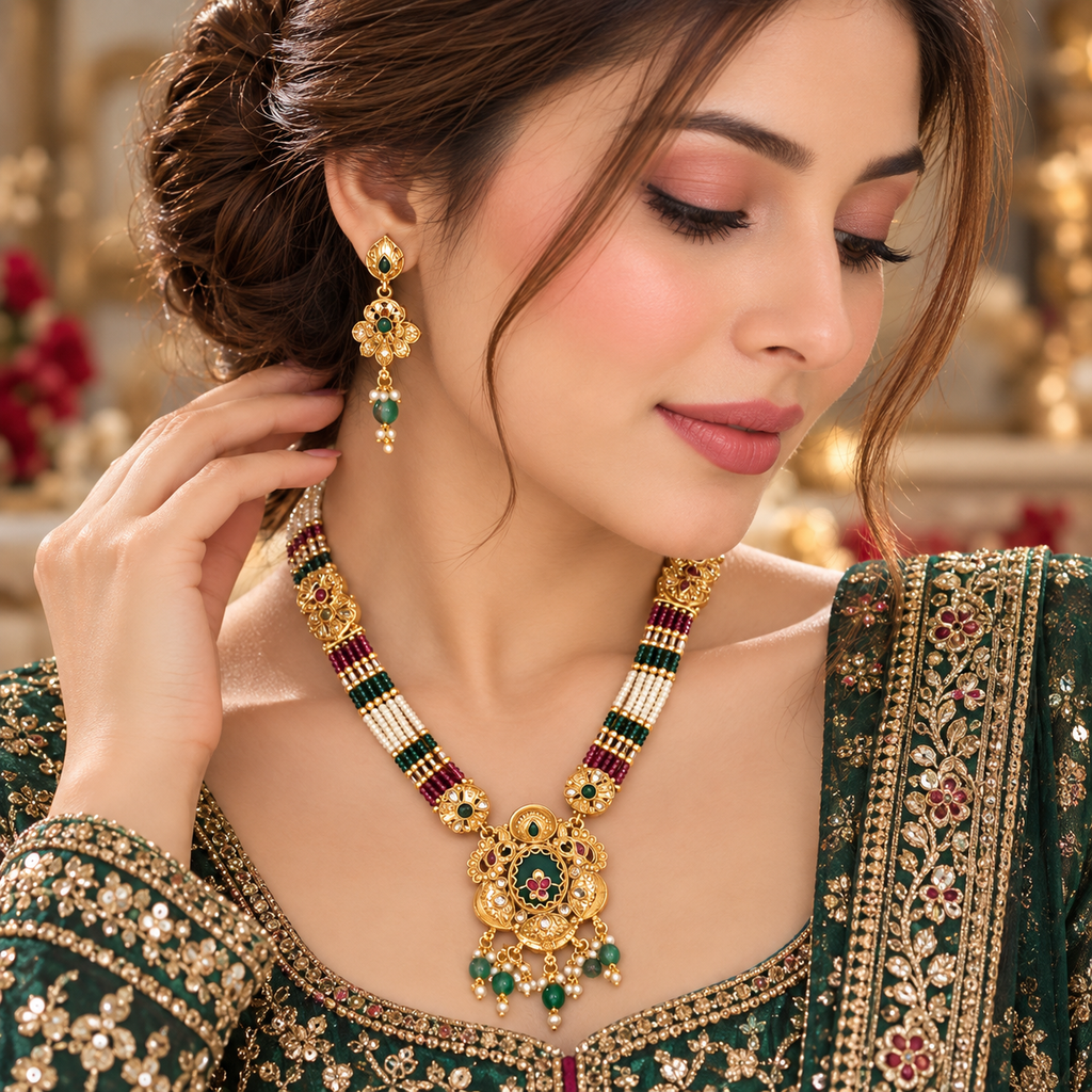 Model wearing a gold-tone beaded necklace with a floral pendant and matching earrings, featuring green, red, and ivory-colored accents.
