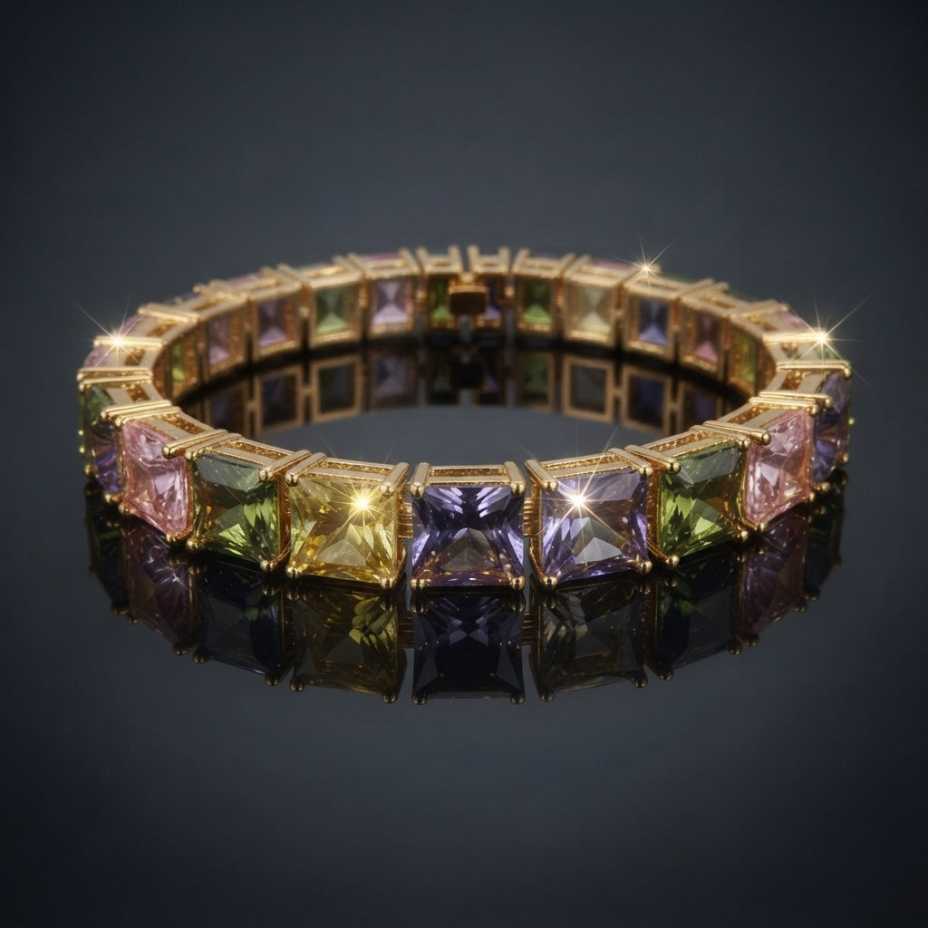 Gold-Tone Multi-Color Princess-Cut CZ Tennis Bracelet product shot on dark surface