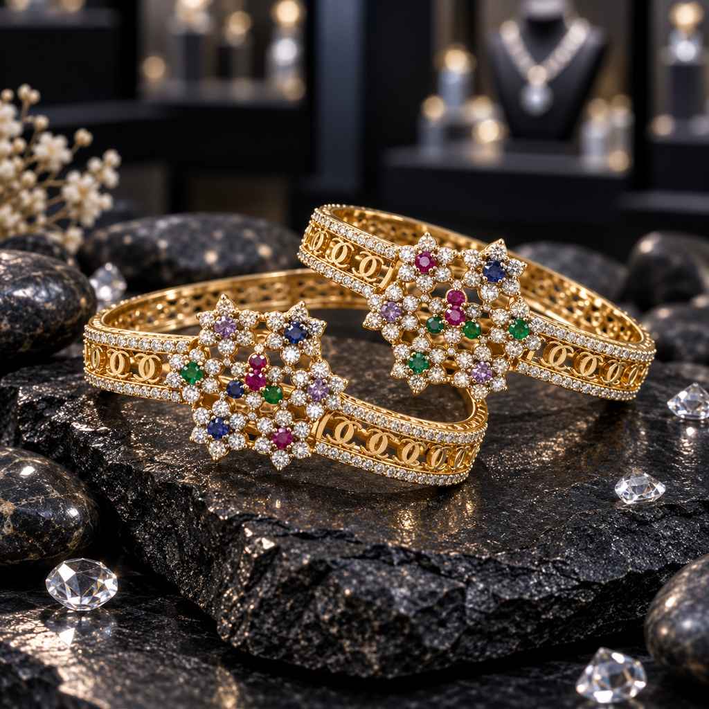 Pair of gold-tone openwork bangles with multicoloured floral clusters and clear accent borders, displayed on dark stone.