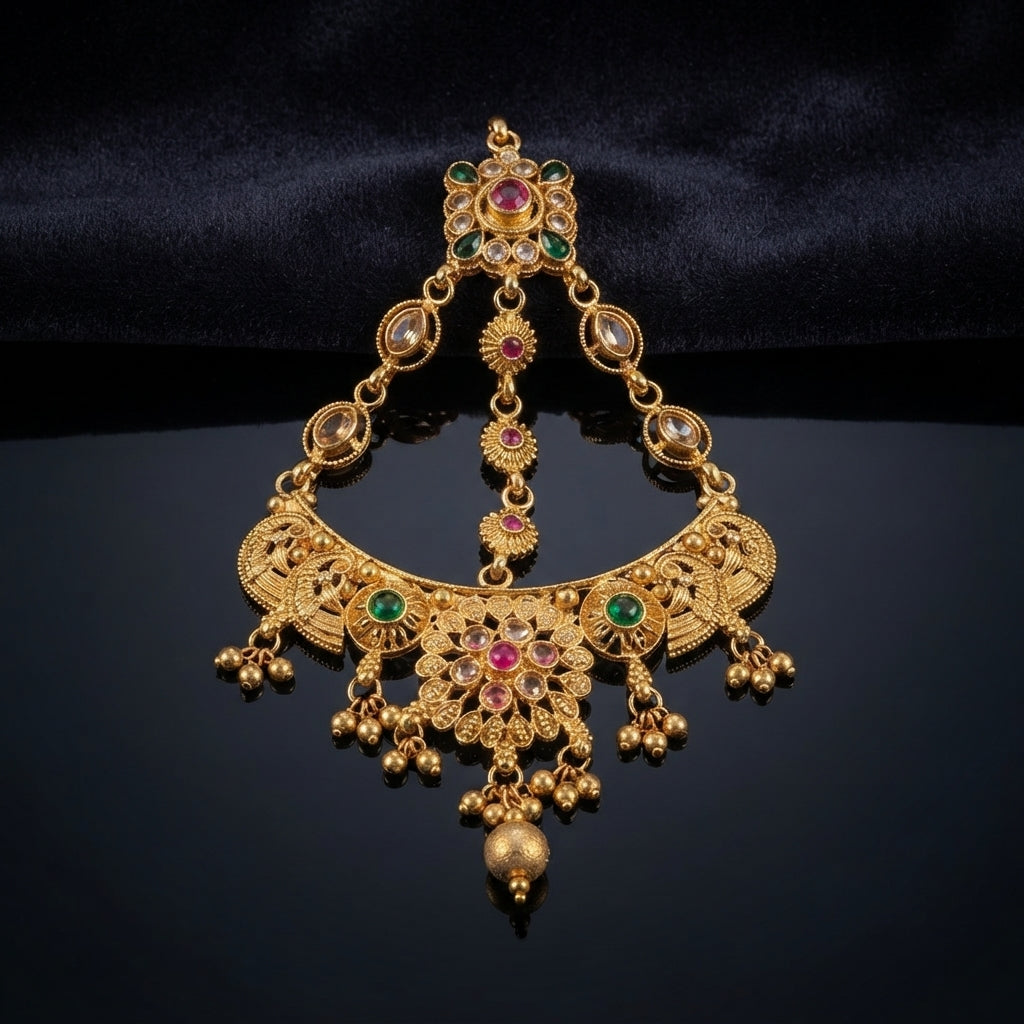 Gold-tone ornate headpiece with multicolor stones, floral openwork detailing, and dangling bead accents on a dark background.