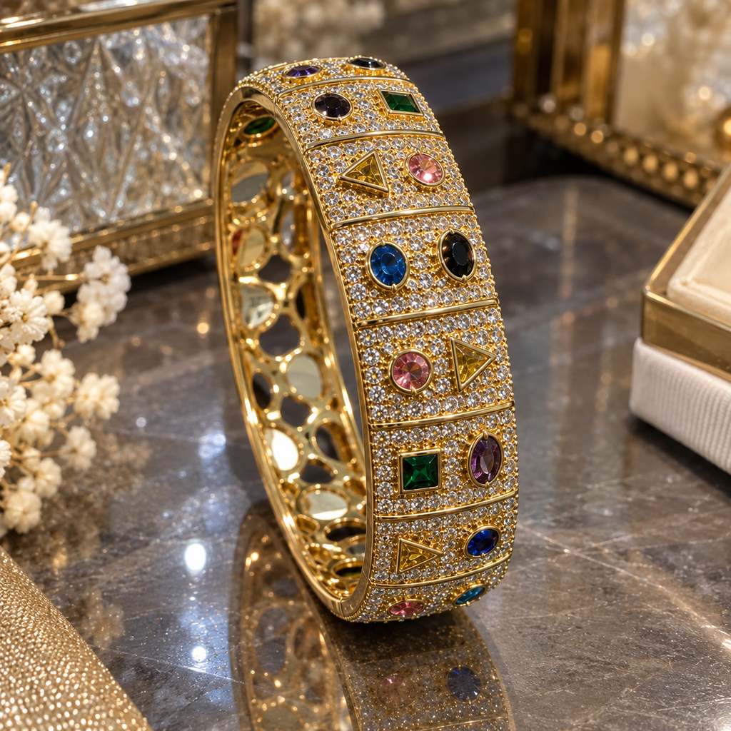 Gold-tone wide bangle with clear-accent panels and multicolor round, oval, square and triangular details.