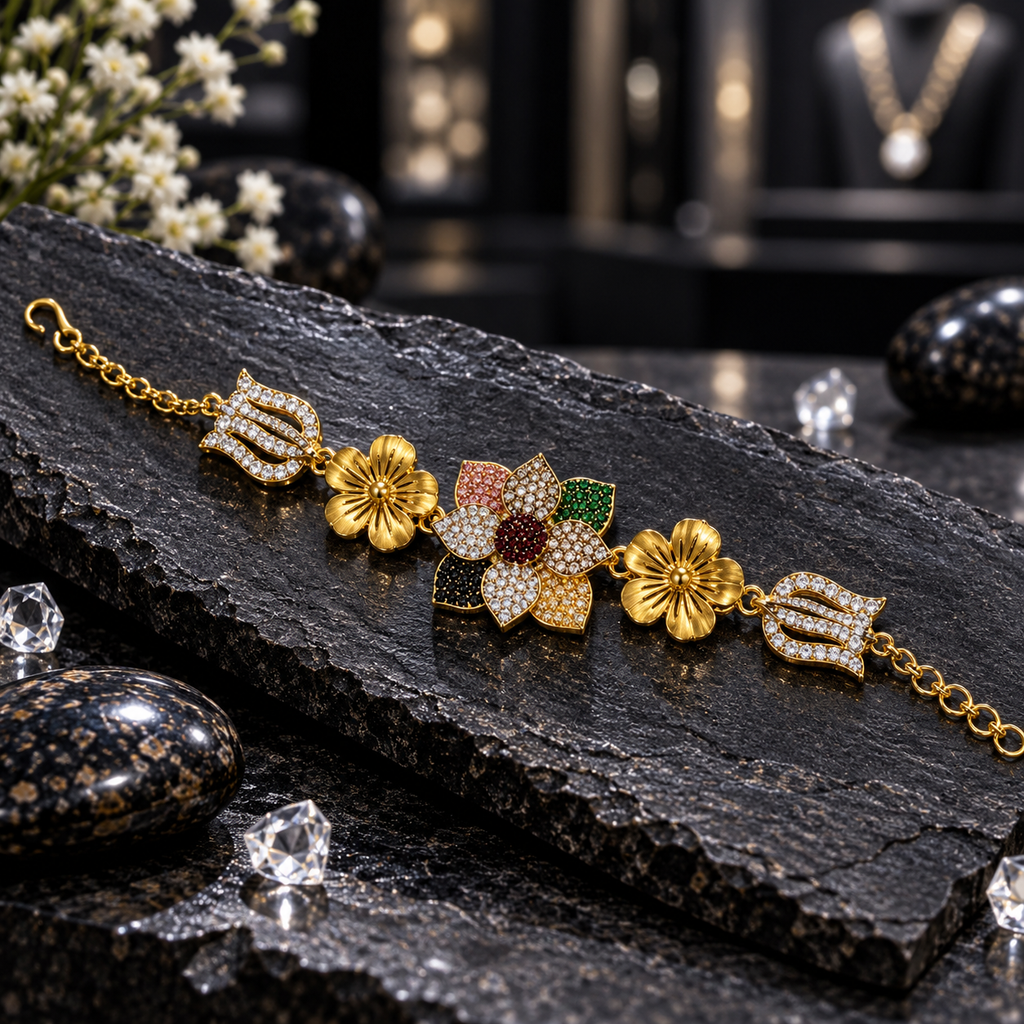 Gold-tone bracelet with multicoloured outer flower petals, clear teardrop-shaped inner petals, sculpted flowers and clear-accent tulip links.