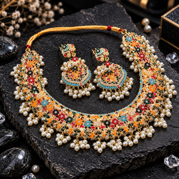 Gold-tone multicolour floral choker and matching crescent drop earrings with clear accents, turquoise-blue details and white pearl-look bead clusters.