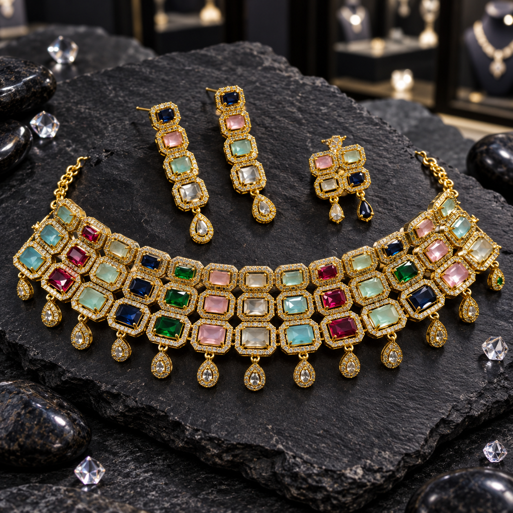 Gold-tone multicolour three-row rectangular halo necklace with teardrop fringe, matching long earrings and a smaller four-panel coordinating piece.