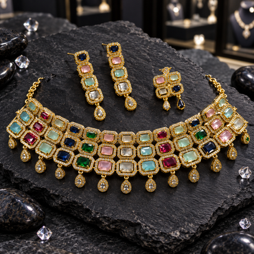 Gold-tone multicolour three-row rectangular halo necklace with teardrop fringe, matching long earrings and a smaller four-panel coordinating piece.