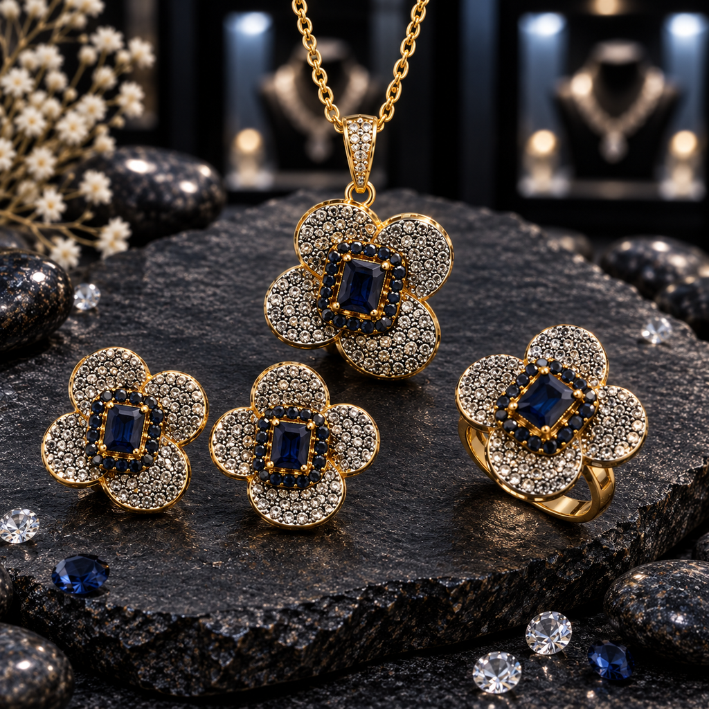 Gold-tone four-petal jewelry set with navy-blue rectangular centres, clear-accent petals, a pendant on an oval-link chain, matching earrings and ring.
