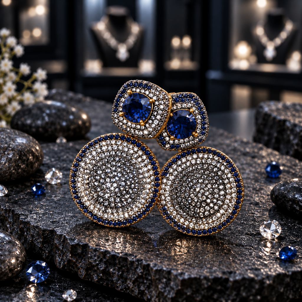 Gold-tone earrings with navy-blue cushion-shaped centres, clear-accent round disc drops and matching navy-blue borders.