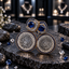 Gold-tone earrings with navy-blue cushion-shaped centres, clear-accent round disc drops and matching navy-blue borders.