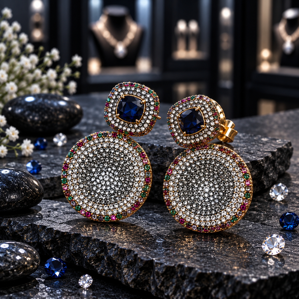 Gold-tone earrings with navy-blue cushion-shaped centres, clear-accent round disc drops and multicoloured borders.