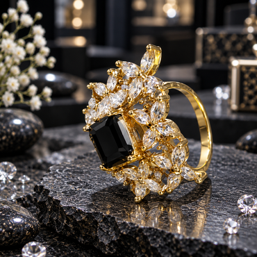 Gold-tone AD ring with a black rectangular centre and surrounding clear marquise-shaped floral and leaf-like clusters.