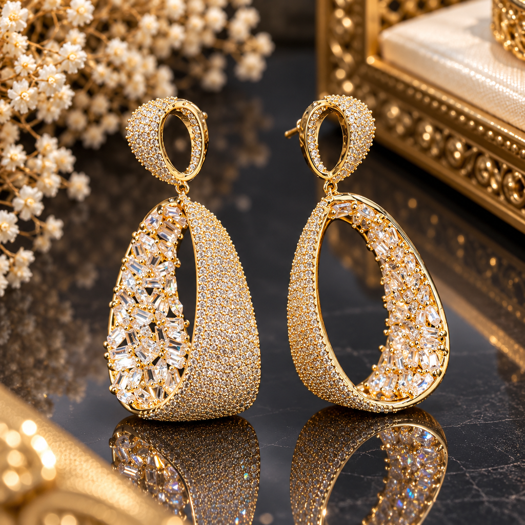 Gold-tone open teardrop drop earrings with oval tops, closely arranged small clear accents and larger rectangular and angular clear details.