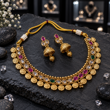 Gold-tone necklace with clear, deep-pink and green oval accents, embossed disc fringe, white pearl-look cord details and matching dome jhumka earrings.