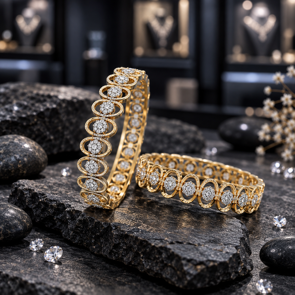 Pair of gold-tone bangles with repeating open oval frames, accented borders and clear-looking floral clusters.