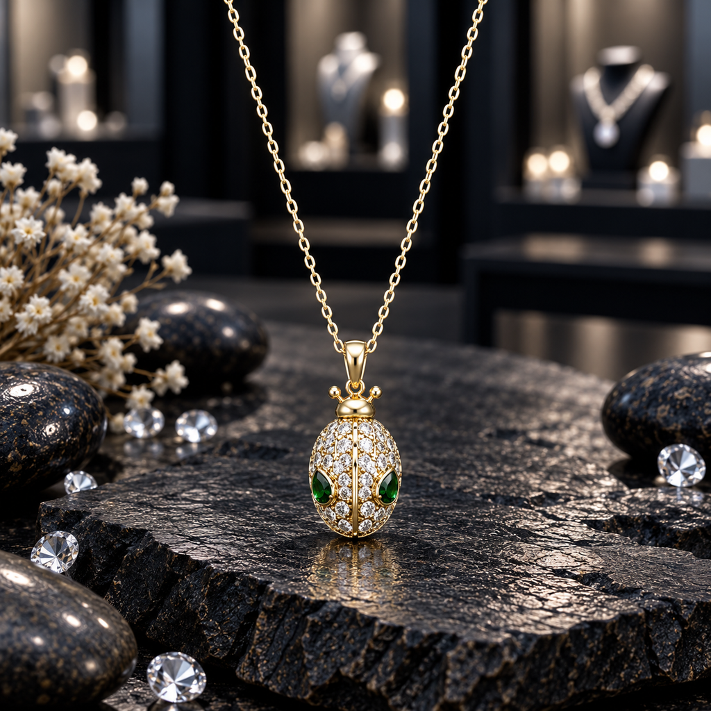 Gold-tone beetle-inspired oval pendant necklace with clear sparkling detailing, two green accents and a matching-tone link chain.