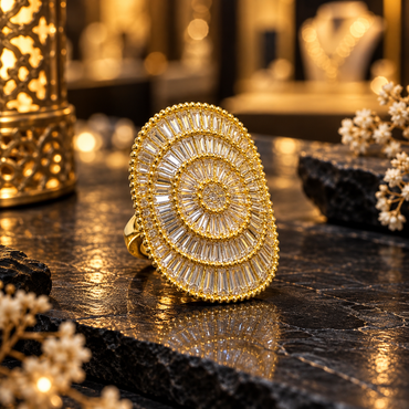 Gold-tone oval statement ring with a small clear-accent centre, concentric rows of radiating elongated clear accents and bead-like borders.