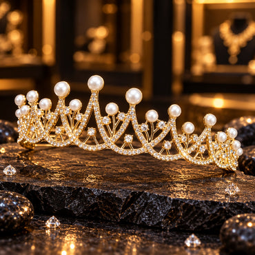 Gold-tone openwork tiara with overlapping clear-accent curved arches, cream-white round pearl-look tips and round clear details on thin stems, displayed on dark slate.