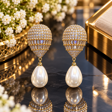 Gold-tone earrings with embellished tapered tops, two rectangular clear-accent bands and ivory-white teardrop pearl-look drops.