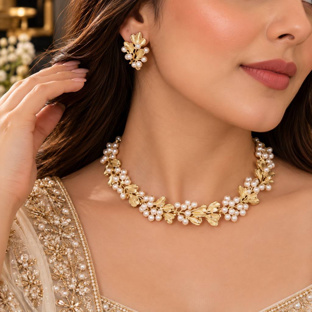 Model wearing a gold-tone necklace with sculpted leaf details and white pearl-look clusters, with one matching botanical earring visible.