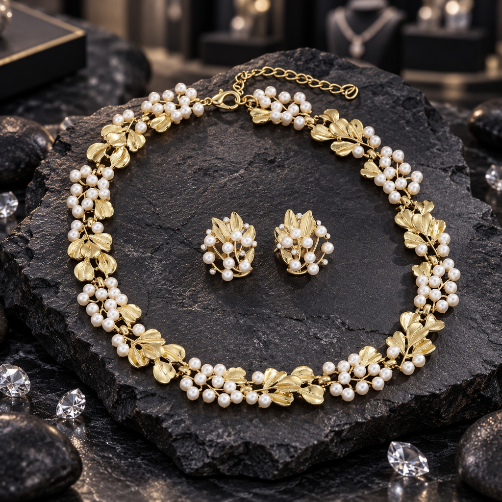 Gold-tone floral leaf necklace with white pearl-look clusters, lobster-style clasp and extension chain, displayed with matching earrings on dark slate.