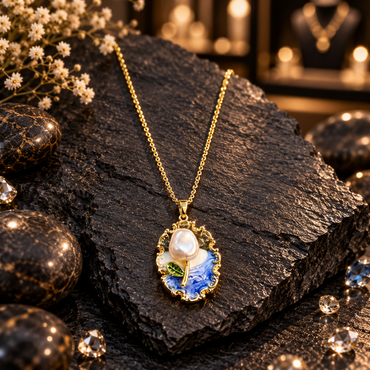 Gold-tone link chain necklace with an ornate oval pendant, white pearl-look flower bud, green leaf and blue-white wavy patterned background.