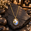 Gold-Tone Pearl-Look Flower Pendant Necklace with Green Leaf & Blue-White Oval Background