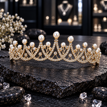 Gold-tone tiara with overlapping clear-accent arches, graduated peaks, white pearl-look beads and open fan-like details.