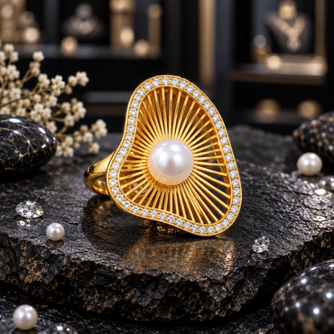 Gold-tone statement ring with a white pearl-look centre, radiating openwork spokes and an asymmetric curved clear-accent border.