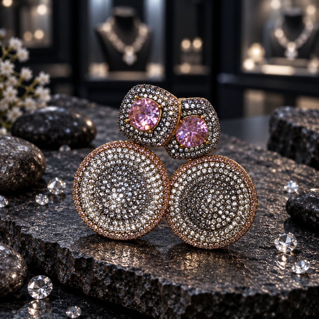 Gold-tone earrings with pink cushion-shaped centres, clear-accent round disc drops and champagne-looking outer borders.
