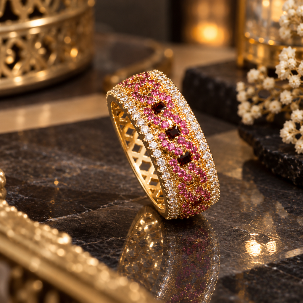 Gold-tone ornate band ring with small pink round accents, dark-red rectangular accents, clear-accent borders and openwork sides.