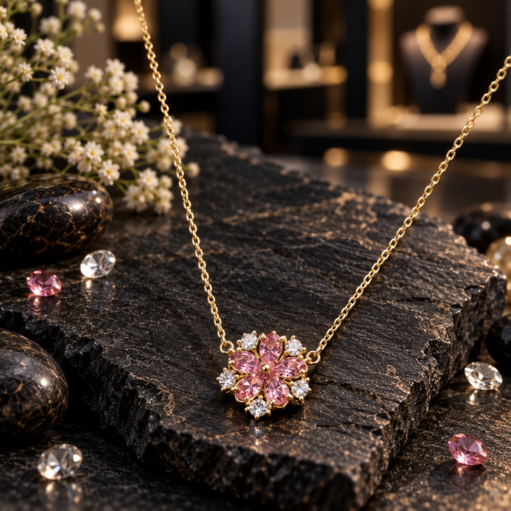 Gold-tone link chain necklace with a five-petal pink flower centre, round clear accents between the petals and a small bead-like centre detail.